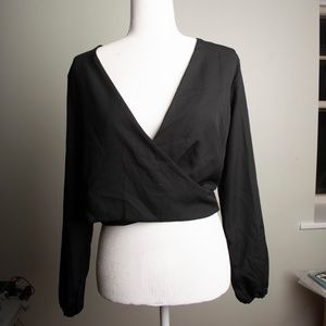 Black Long Sleeve Wrap Deep V Crop Top NWOT